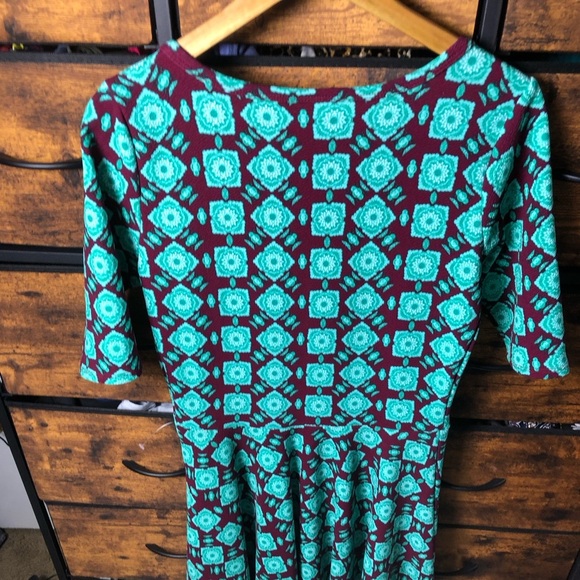LuLaRoe Teal and Burgundy Geometric Midi Dress - Picture 9 of 14